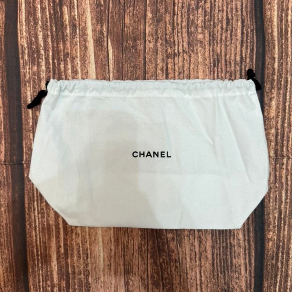 Chanel Drawstring Dust Bag Pouch White w/ Black Logo & Cords 7x12 in